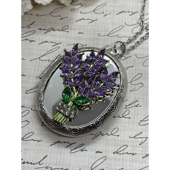 Lavender rhinestone SILV Photo Locket Keepsake Anniversary Valentine's Gift wife - Picture 5 of 16